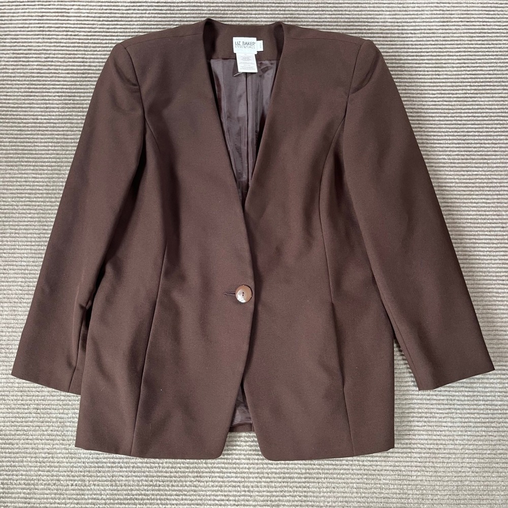 Liz Baker Essentials Brown Collarless Single Button Blazer Jacket Womens 14P